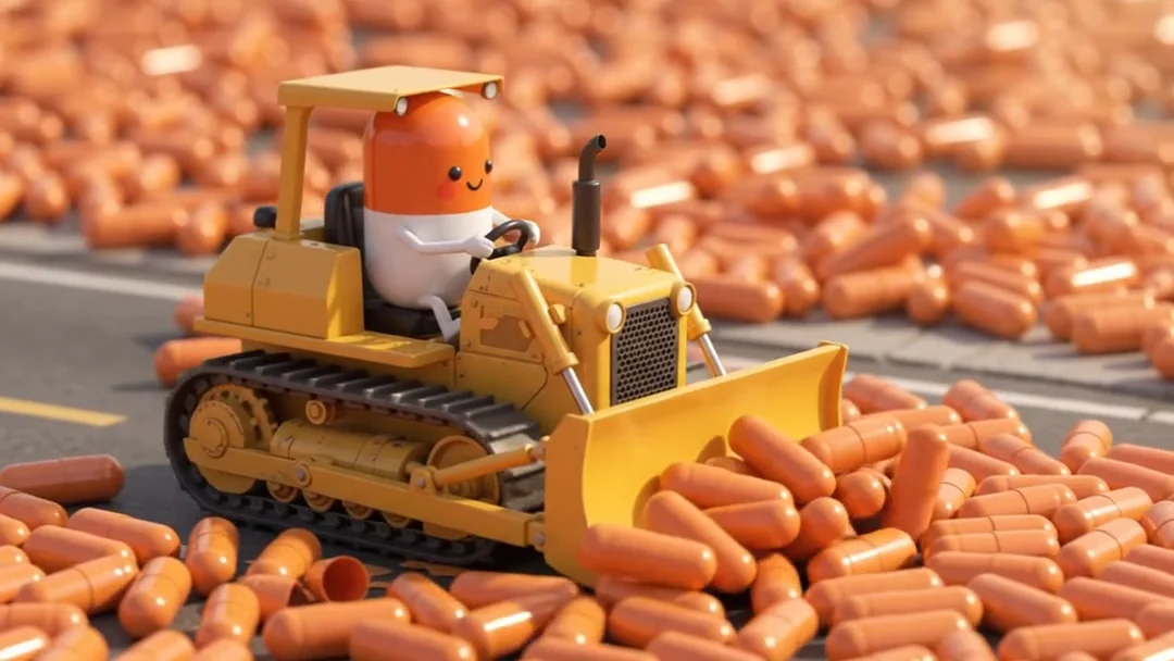 Orange and yellow capsule shells meet tiny construction vehicles
